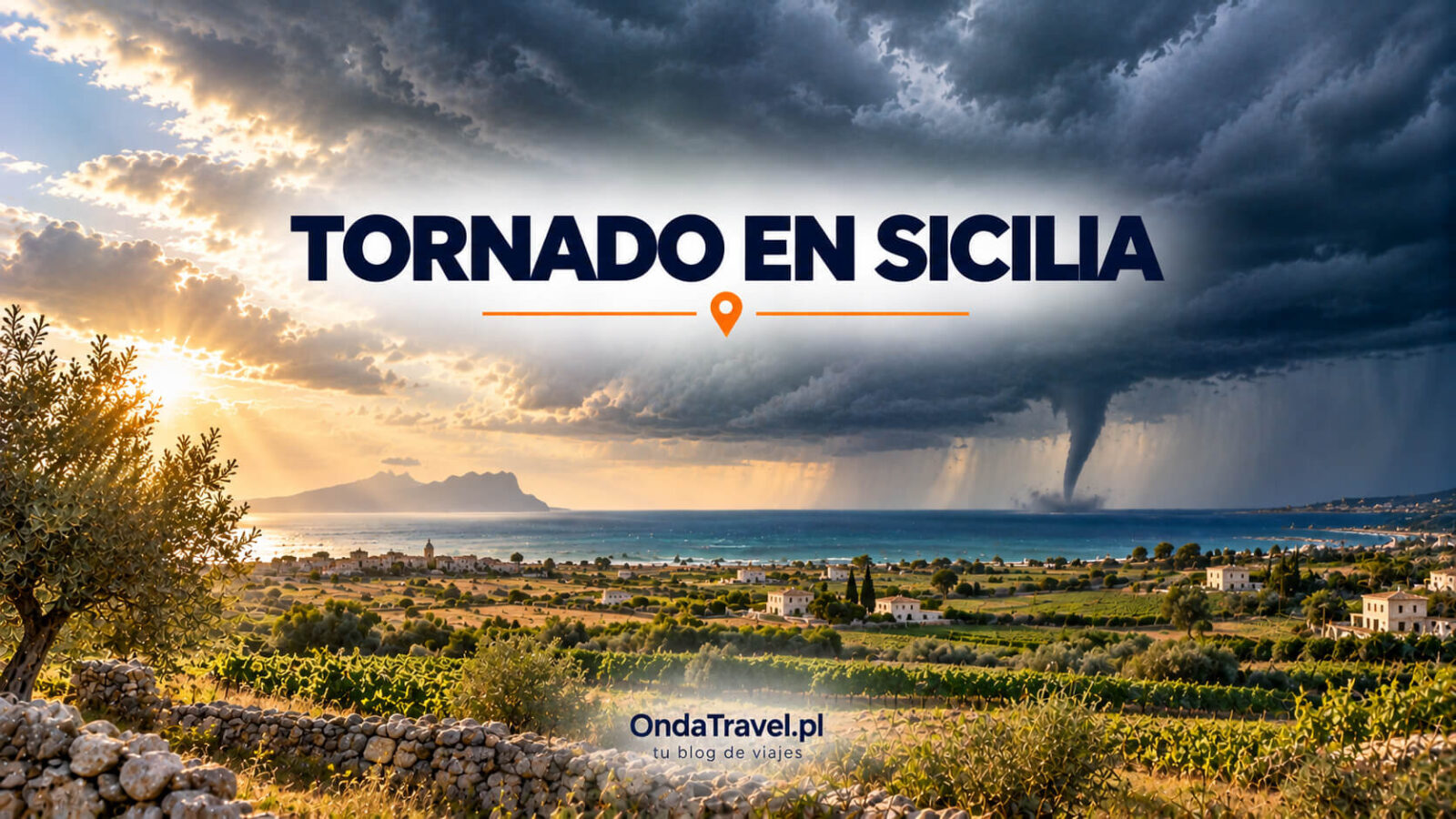 Un tornado sobre los campos del oeste de Sicilia, cerca de Marsala: ilustración del artículo, no fotografía documental.