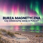 Zorza polarna nad plażą Bałtyku podczas burzy magnetycznej w październiku 2026 — kobieta fotografuje zorzę telefonem na statywie
