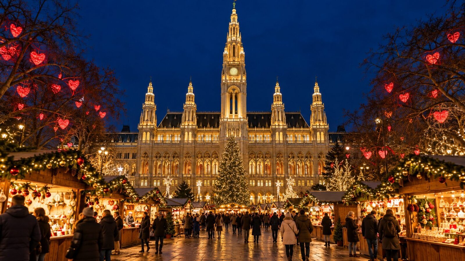 Christkindlmarkt przed neogotyckim ratuszem w Wiedniu nocą, drzewa z czerwonymi sercami ze światełek i oświetlone stragany