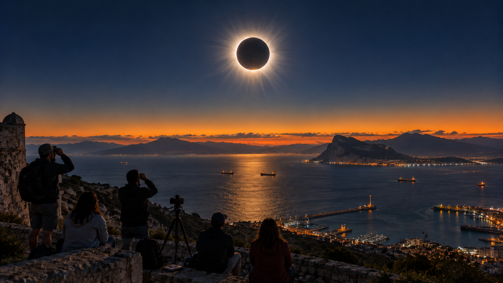 Observadores en un mirador de Ceuta durante la totalidad, con el Peñón de Gibraltar al fondo