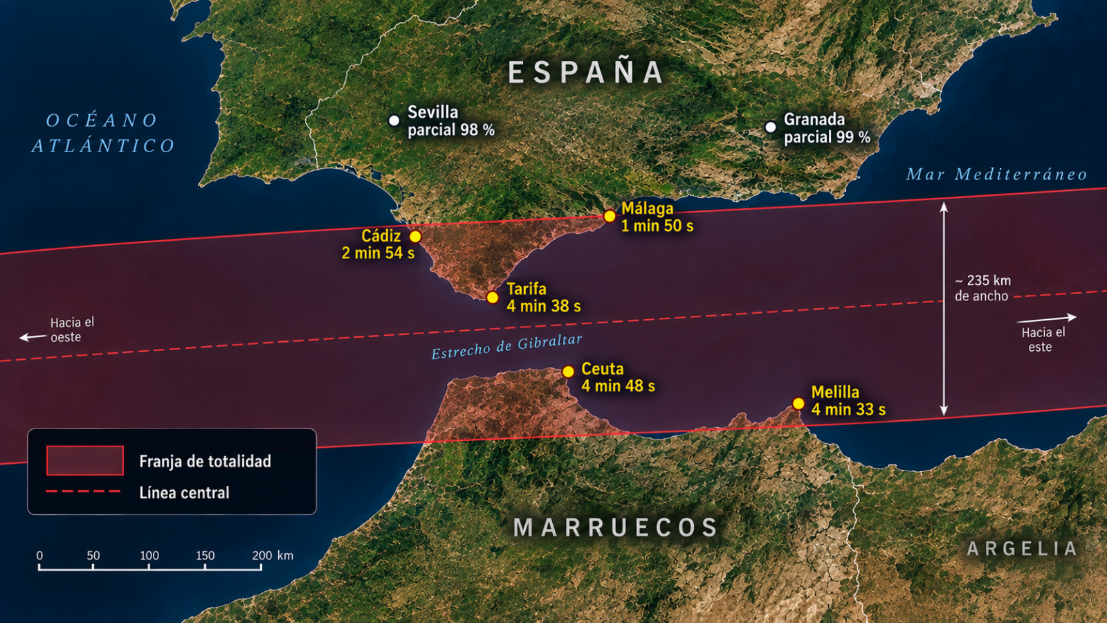 Mapa de la franja de totalidad del eclipse de 2027 sobre el estrecho de Gibraltar con Cádiz, Tarifa, Málaga, Ceuta y Melilla