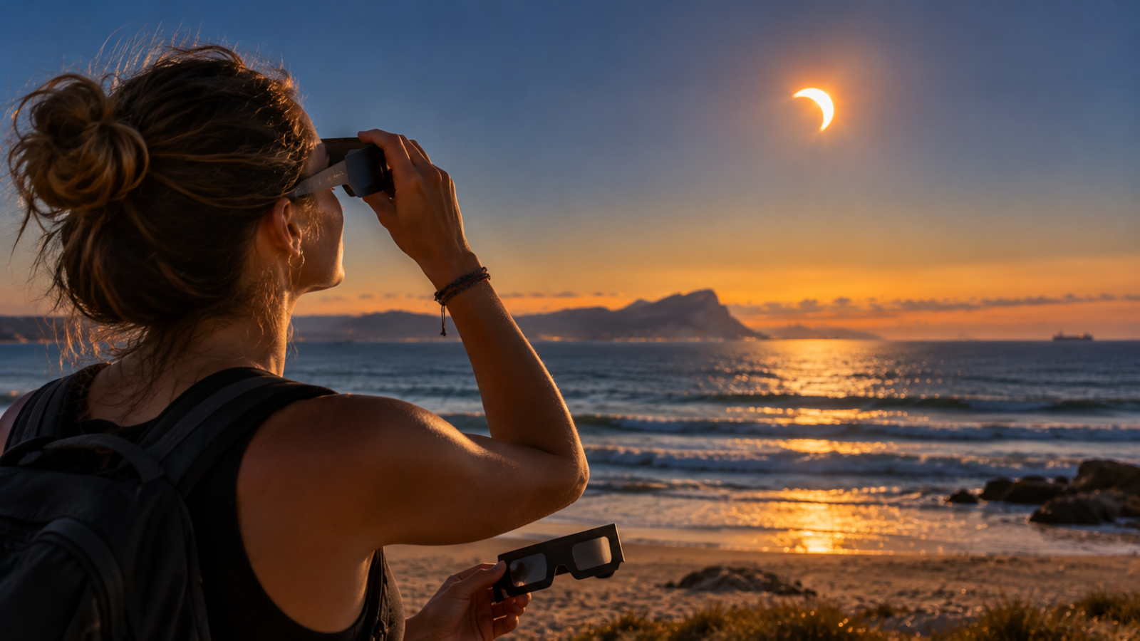 Mujer observando la fase parcial del eclipse con gafas solares homologadas