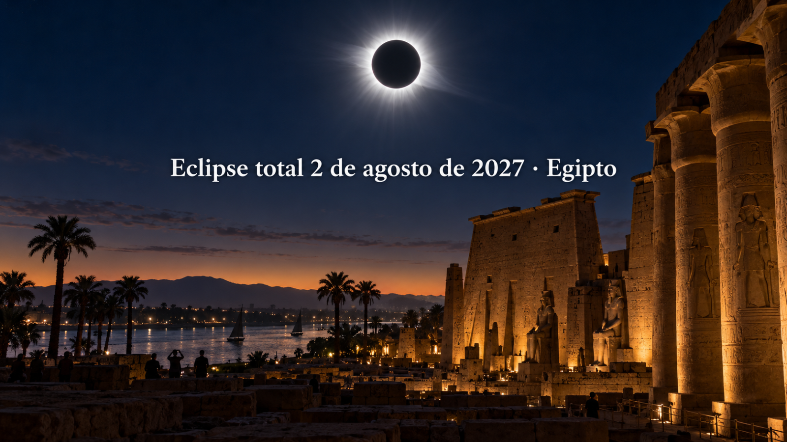 Eclipse total de Sol sobre el templo de Luxor y el Nilo