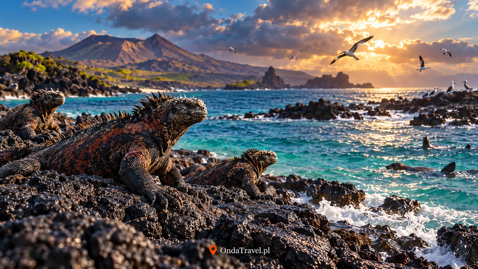 Legwany morskie na czarnych skałach wysp Galápagos.