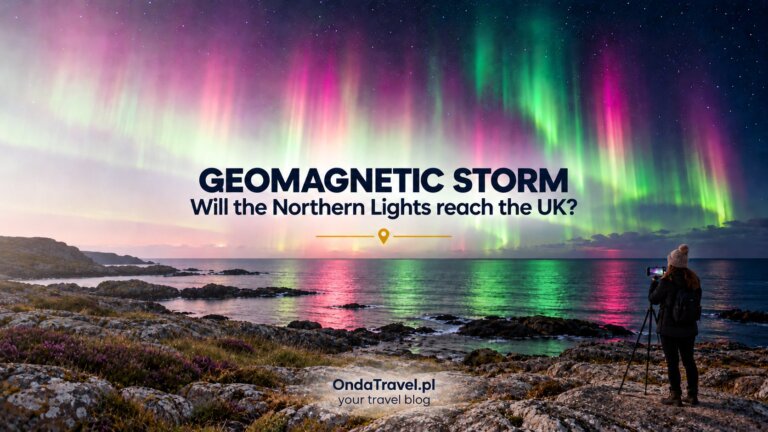 Northern lights over a rocky Scottish coast during the October 2026 geomagnetic storm, a woman photographing the aurora with a phone on a tripod