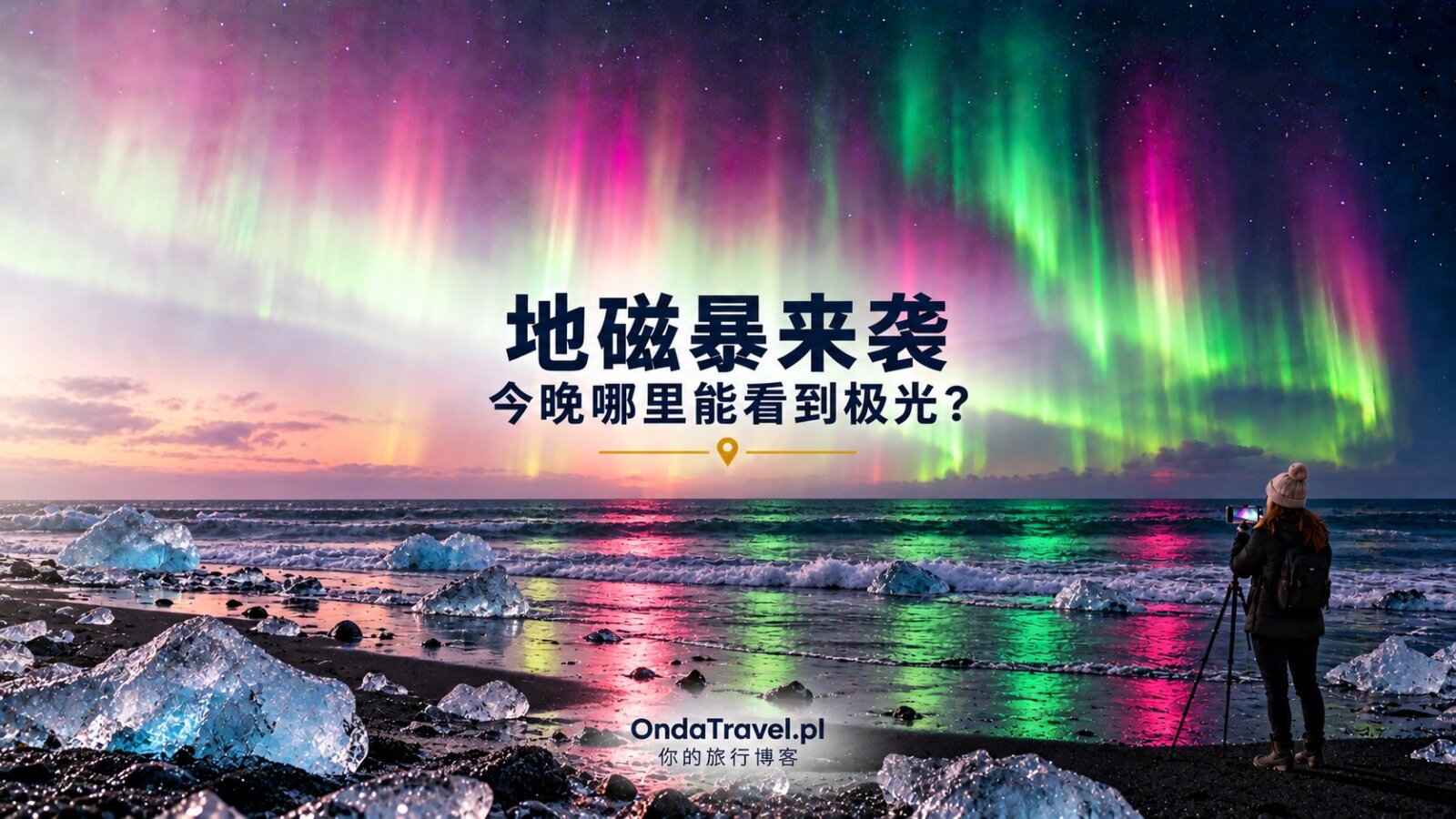 2026年10月地磁暴期间冰岛黑沙滩上空的极光，一名女子用三脚架上的手机拍摄极光
