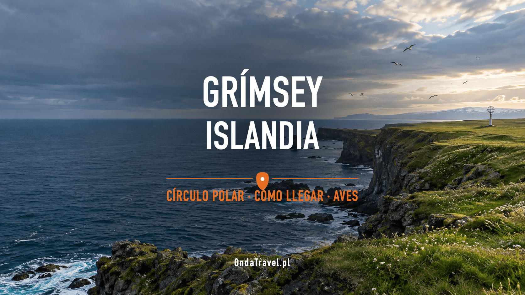 Grímsey, Islandia: acantilados, océano y Círculo Polar — ilustración de guía, no fotografía documental.