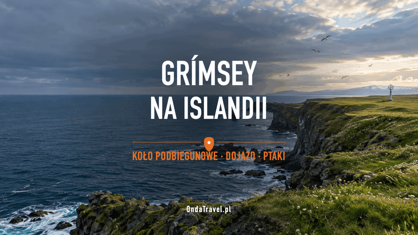 Grímsey na Islandii: klify, ocean i Koło Podbiegunowe — ilustracja przewodnika, nie zdjęcie dokumentalne.