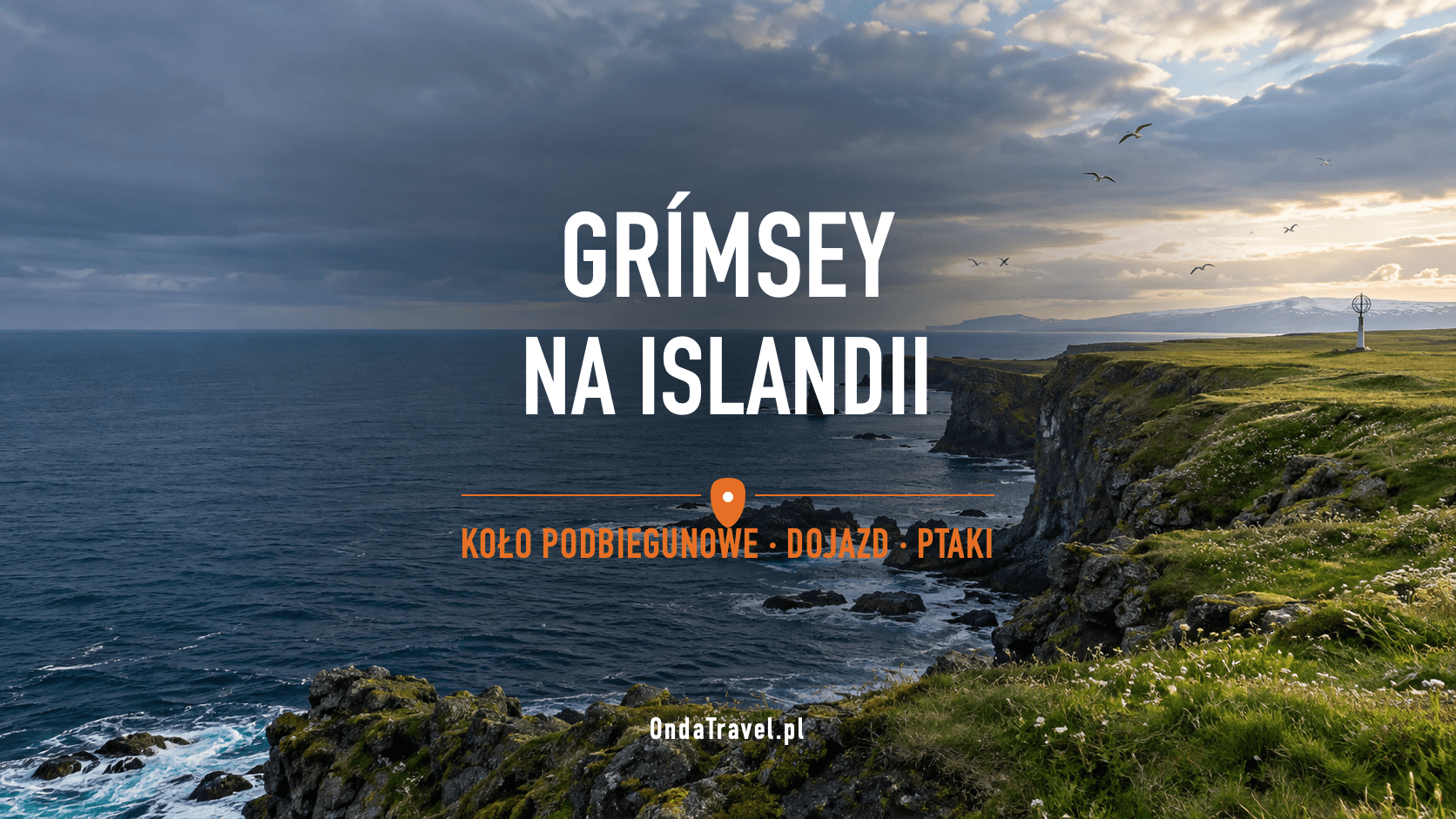Grímsey na Islandii: klify, ocean i Koło Podbiegunowe — ilustracja przewodnika, nie zdjęcie dokumentalne.