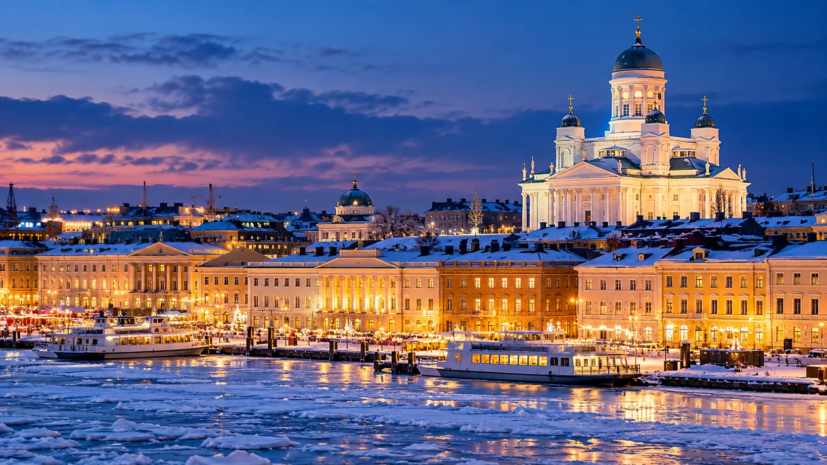 Zimowe Helsinki, iluminowana katedra i nadmorskie nabrzeże — ilustracja redakcyjna, nie fotografia konkursu.
