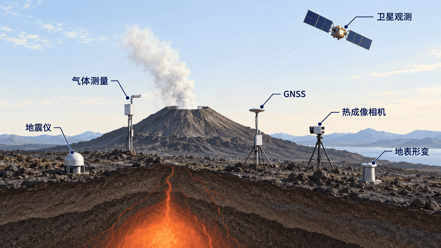 火山监测：地震仪、卫星定位、气体测量、卫星观测与热成像