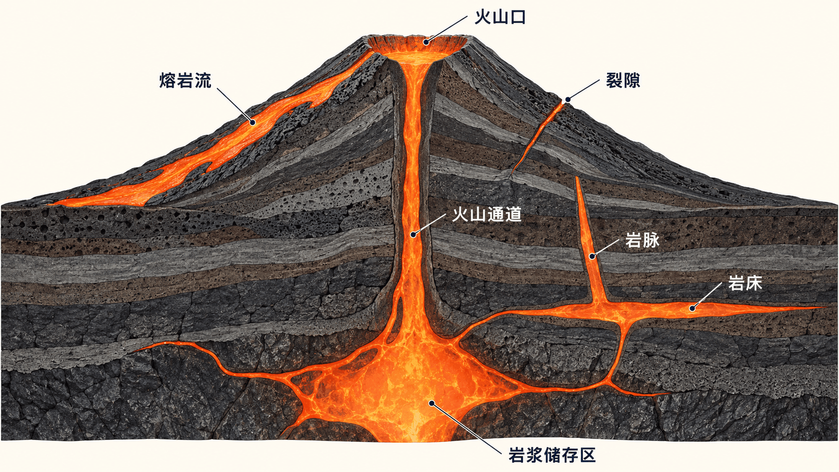 火山结构示意：岩浆储存区、管道、火山口、岩脉、岩床与熔岩