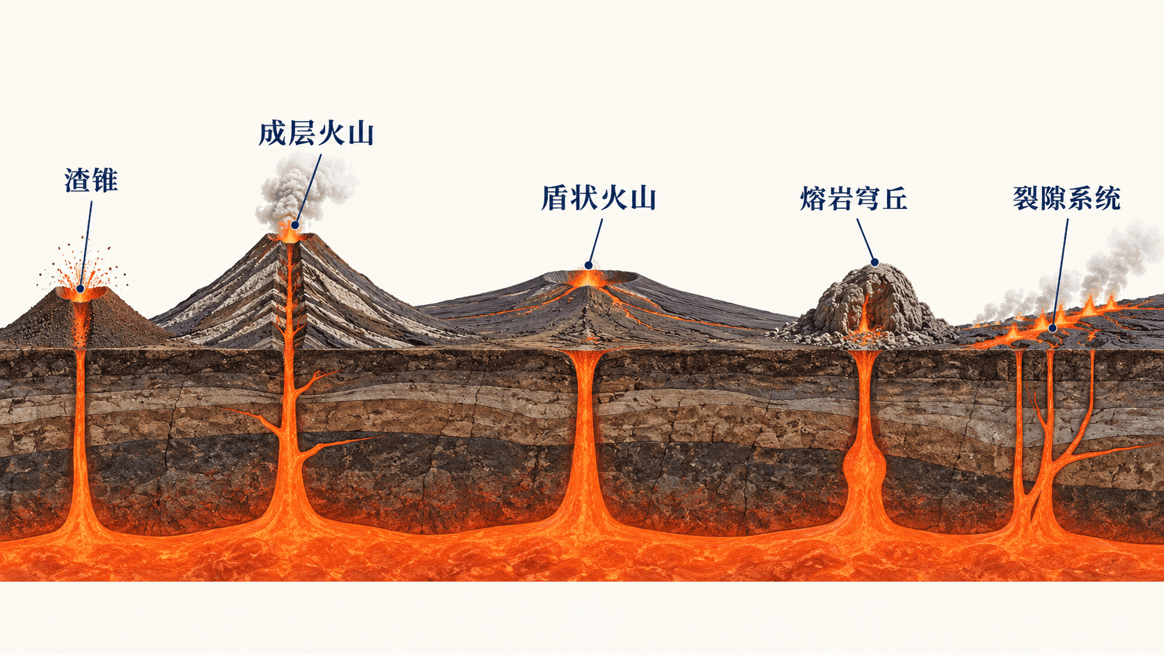火山渣锥、成层火山、盾状火山、熔岩穹丘与裂隙系统的比较