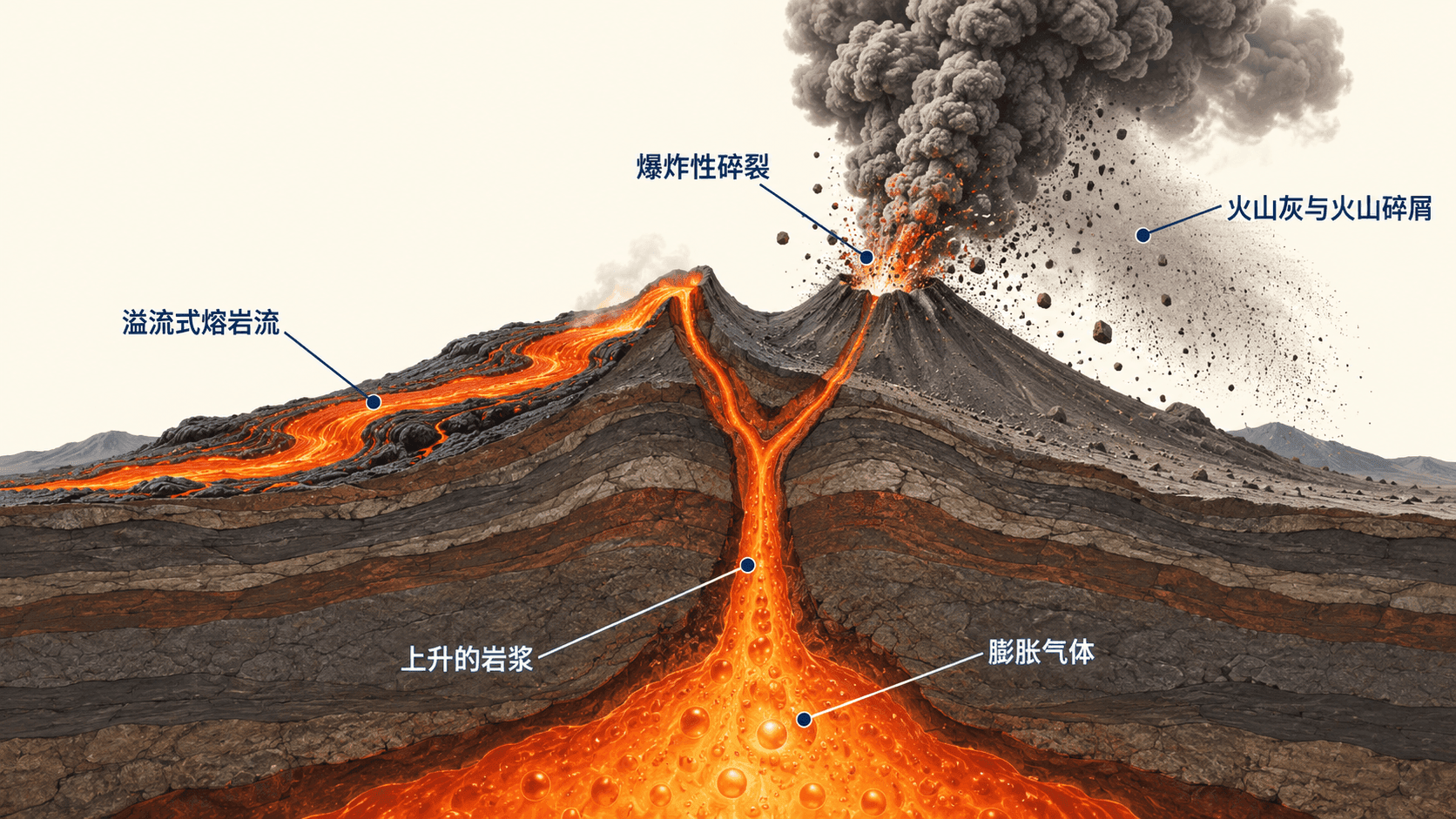 喷发机制：岩浆上升、气体膨胀、熔岩溢流与爆炸性碎裂
