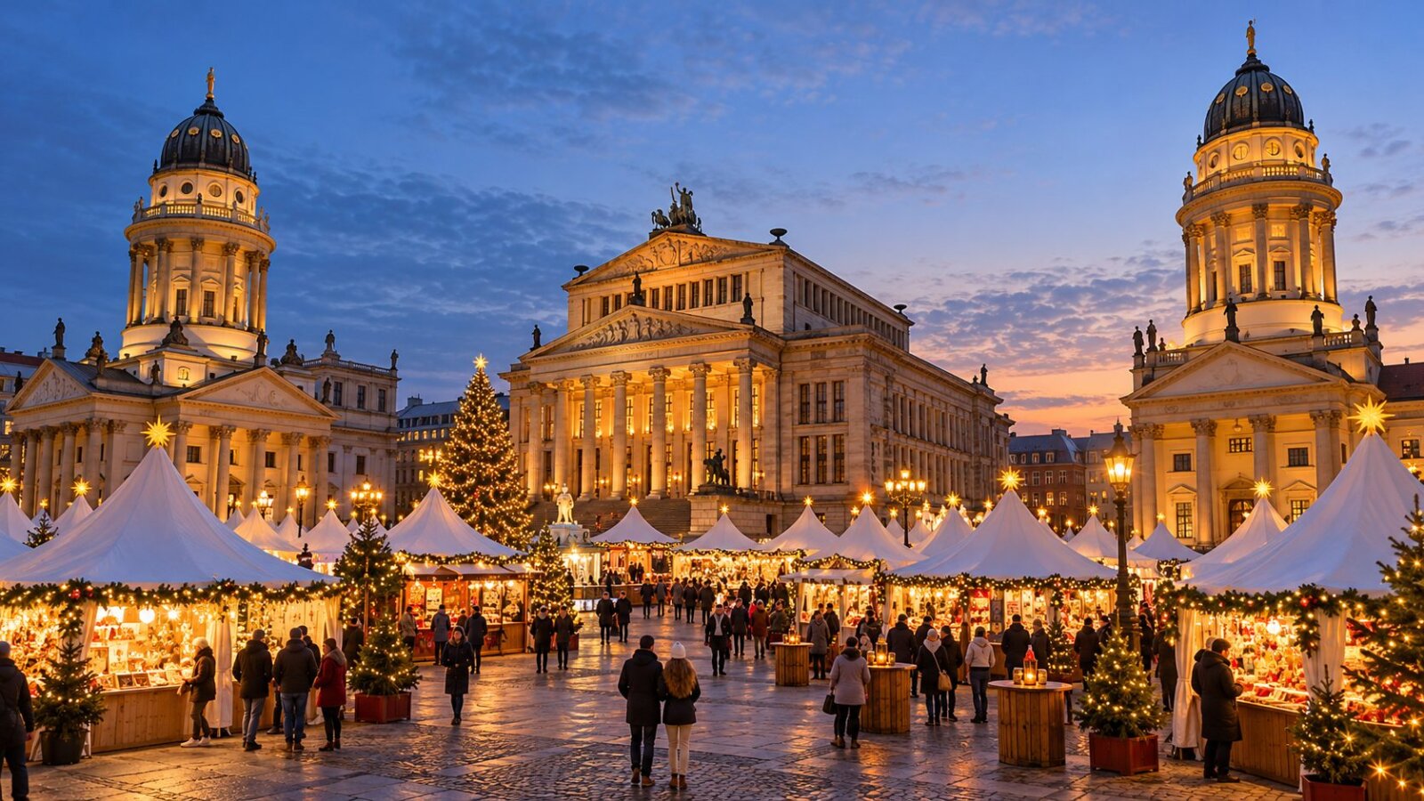 Białe namioty jarmarku bożonarodzeniowego na Gendarmenmarkt w Berlinie o zmierzchu, między dwiema kopułowymi katedrami