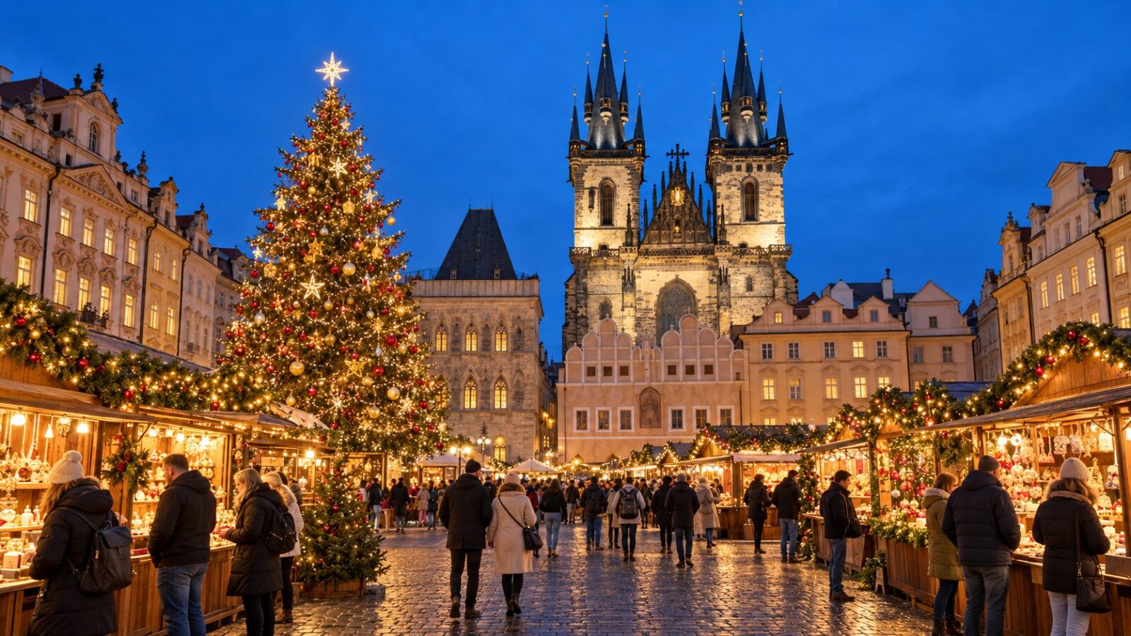 Drewniane stragany i choinka na jarmarku świątecznym na Rynku Staromiejskim w Pradze, w tle wieże kościoła Marii Panny przed Tynem