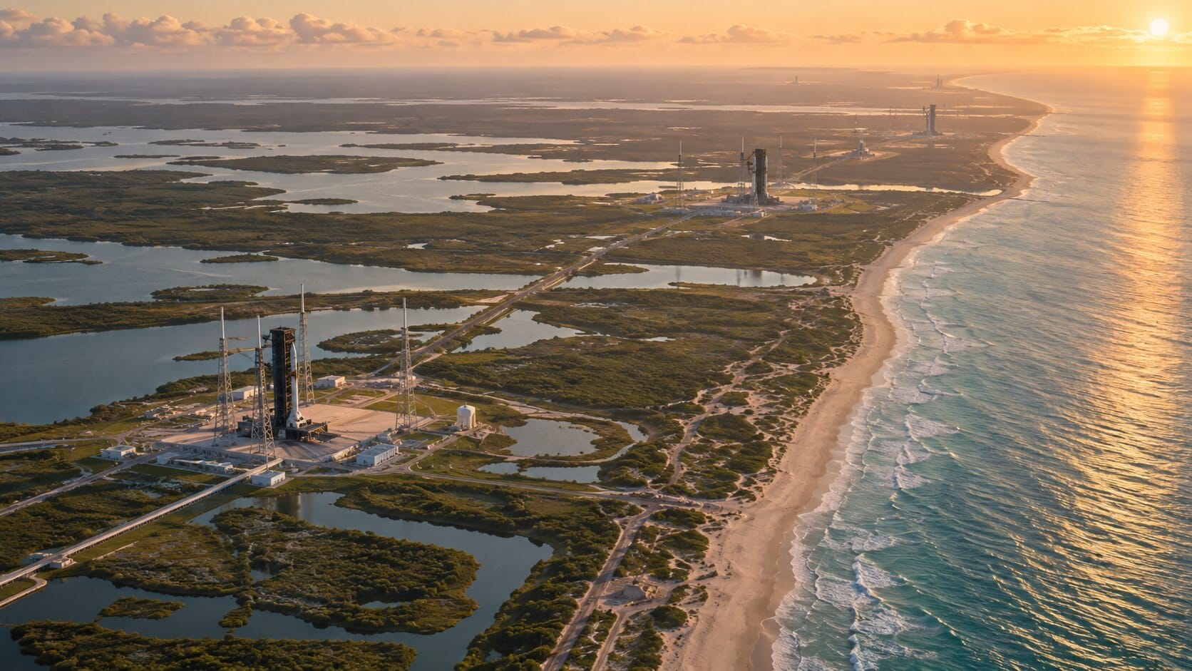 Vista aérea de un puerto espacial costero en la hora dorada, rampas entre los humedales