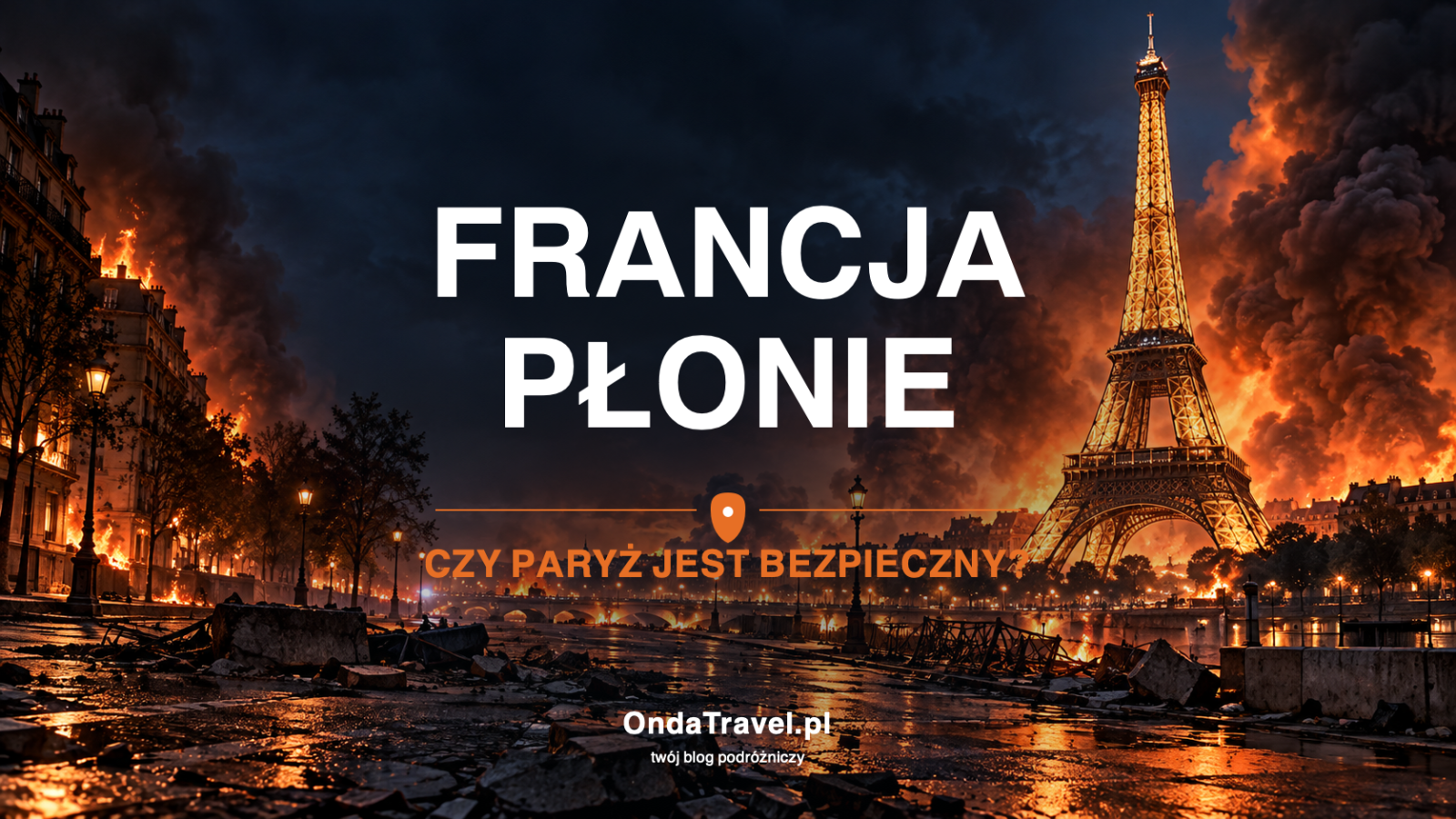 Ilustracja: płonąca Wieża Eiffla w Paryżu i napis „Francja płonie”