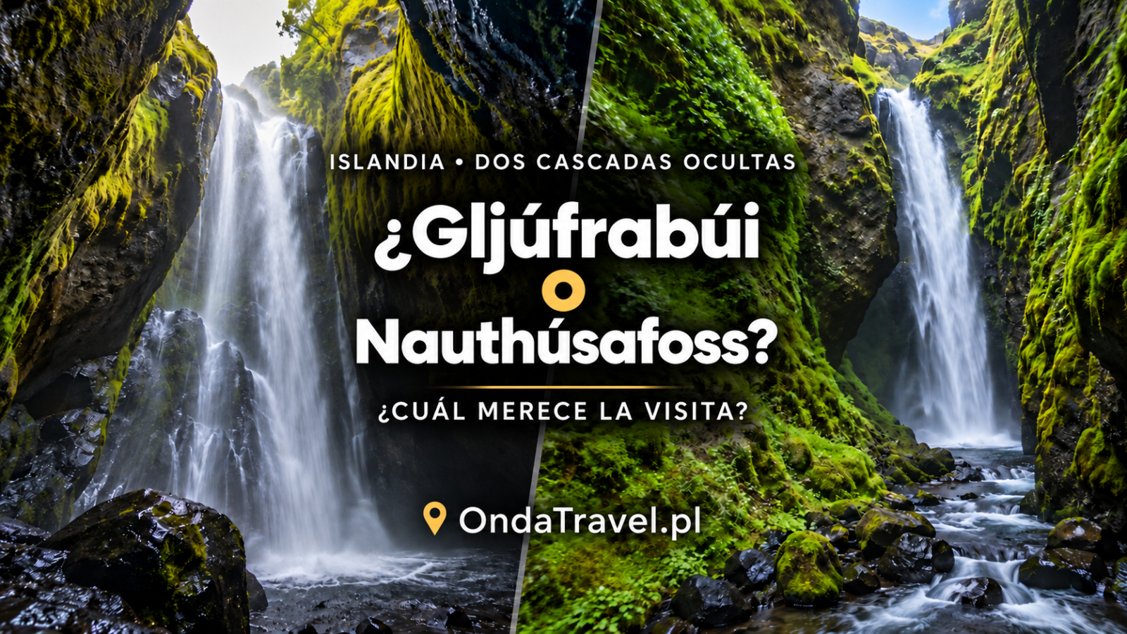 Ilustración comparativa de dos cascadas islandesas: Gljúfrabúi y Nauthúsafoss