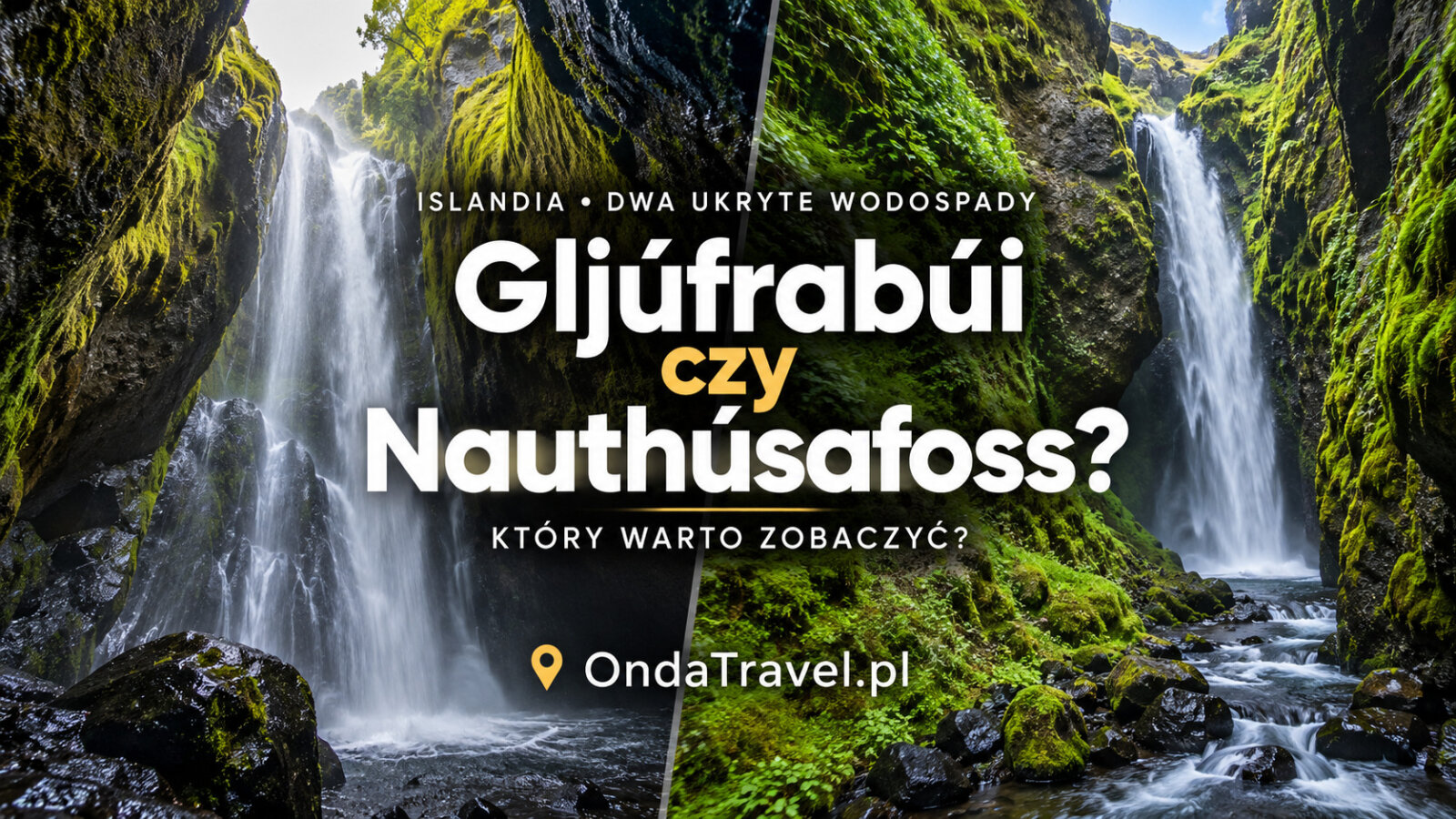 Ilustracja porównawcza dwóch wodospadów Islandii: Gljúfrabúi i Nauthúsafoss
