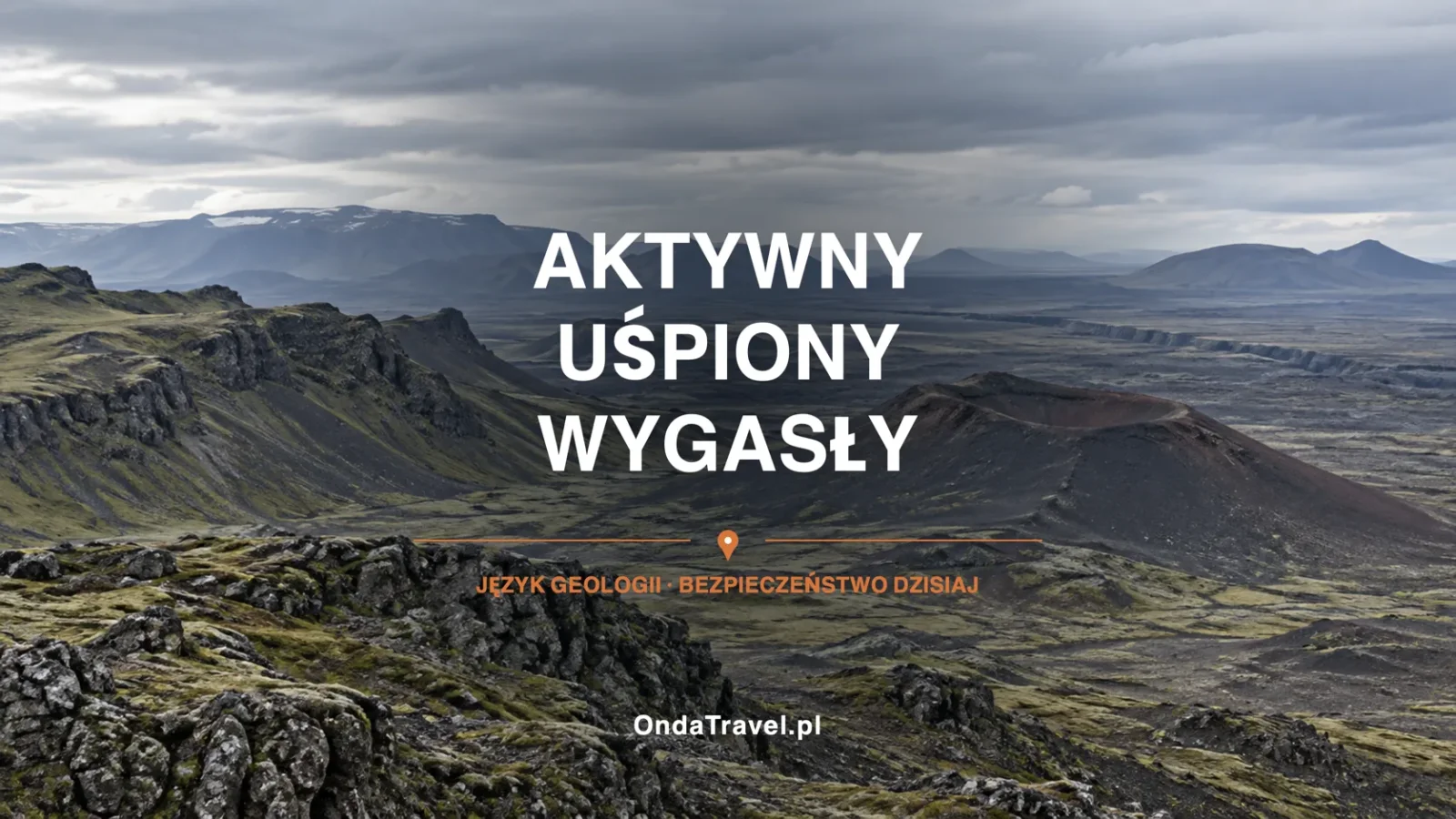 Bazaltowy krajobraz Islandii z napisem: aktywny, uśpiony, wygasły