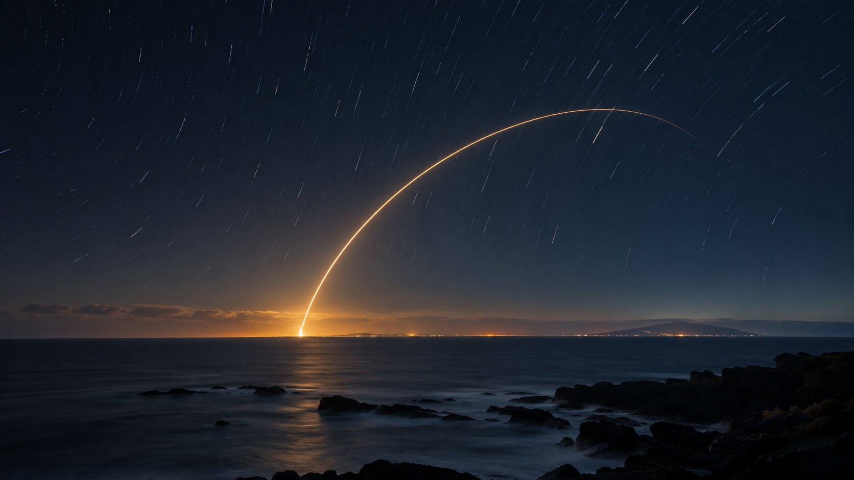 Larga exposición de un lanzamiento nocturno sobre el océano, un arco de luz brillante sobre el horizonte
