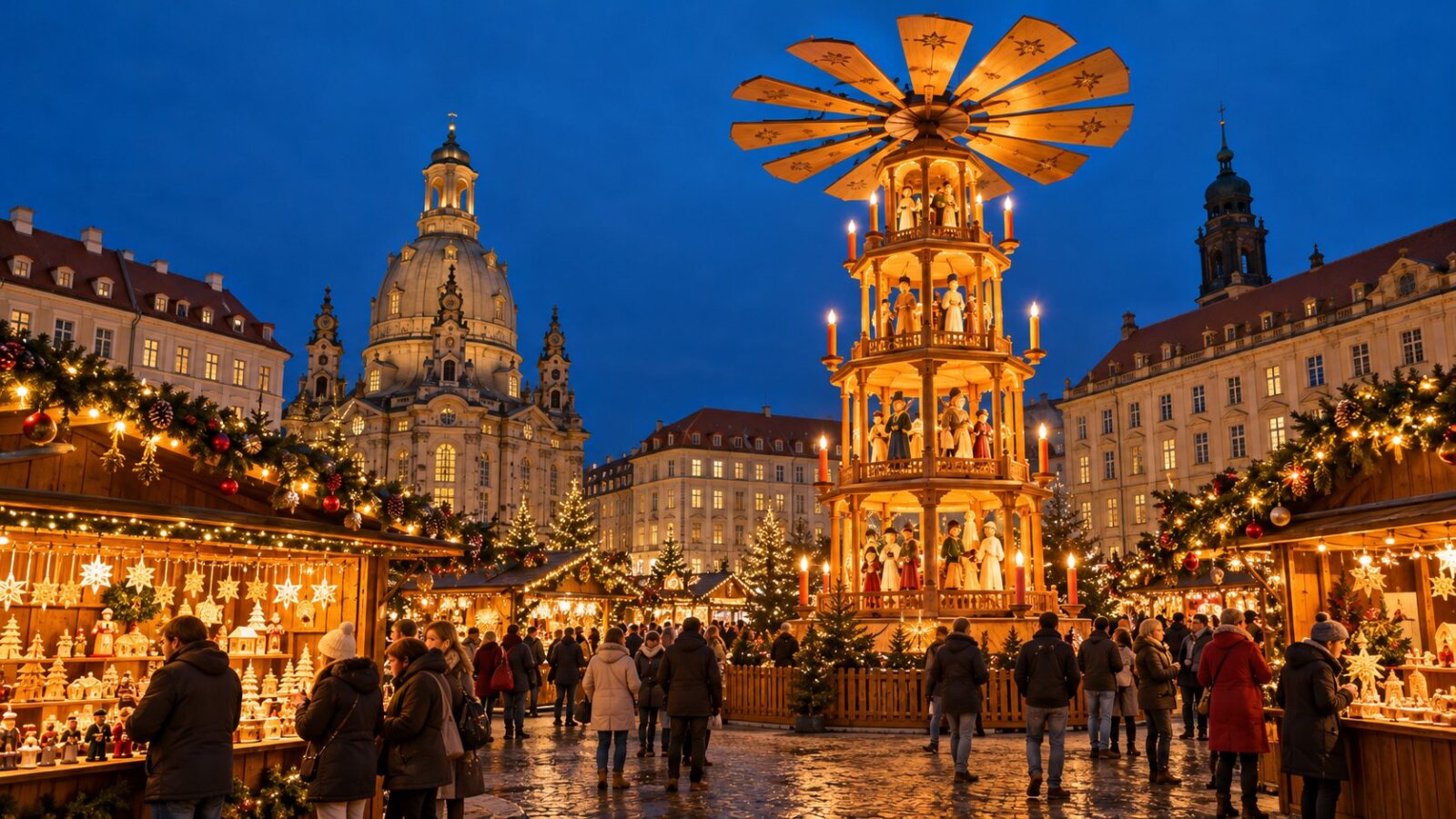 Wielka drewniana piramida bożonarodzeniowa i stragany Striezelmarktu w Dreźnie wieczorem, w tle kopuła Frauenkirche