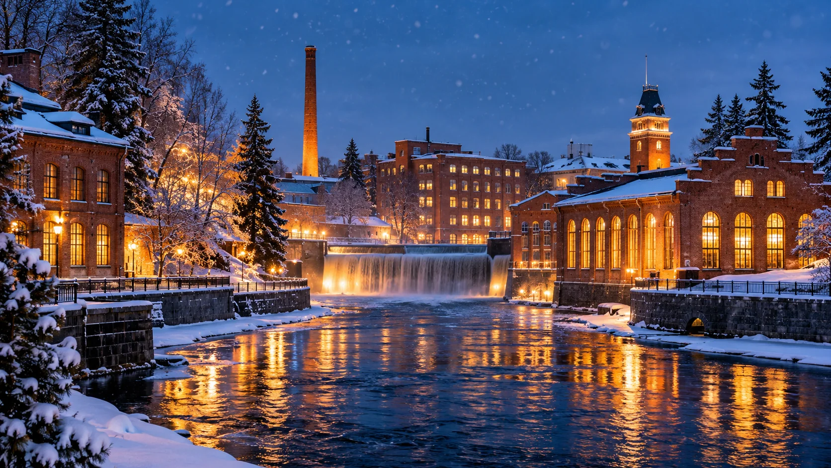 Tampere zimą: ceglane budynki, rzeka i oświetlone centrum — ilustracja redakcyjna.