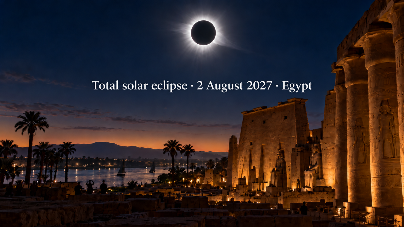 Total solar eclipse over Luxor Temple and the Nile