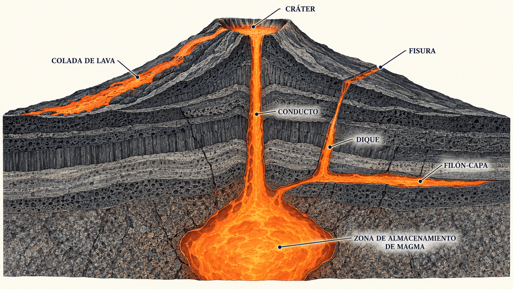 Estructura simplificada de un volcán: depósito de magma, conducto, cráter, diques, mantos y lava