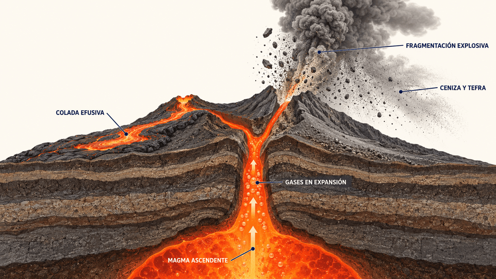 Cómo funciona una erupción: ascenso del magma, expansión de gases, emisión de lava y fragmentación explosiva