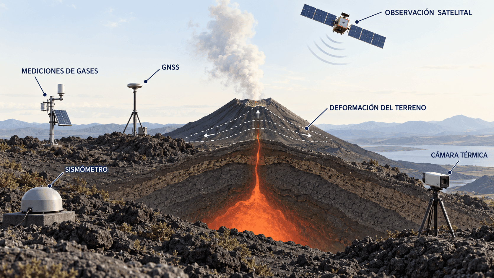 Vigilancia volcánica con sismómetros, GNSS, análisis de gases, satélites y cámaras térmicas
