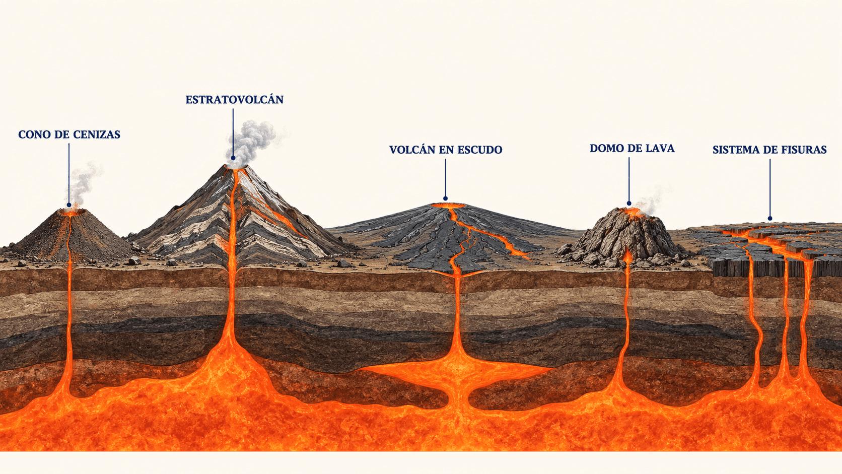 Comparación entre cono de escoria, estratovolcán, volcán en escudo, domo de lava y sistema de fisuras