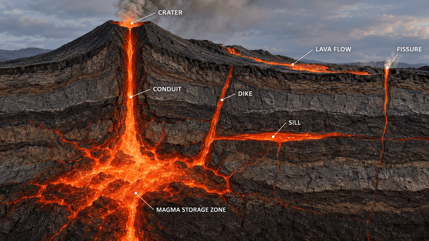 Simplified volcano anatomy: magma storage, conduit, crater, dikes, sills and lava