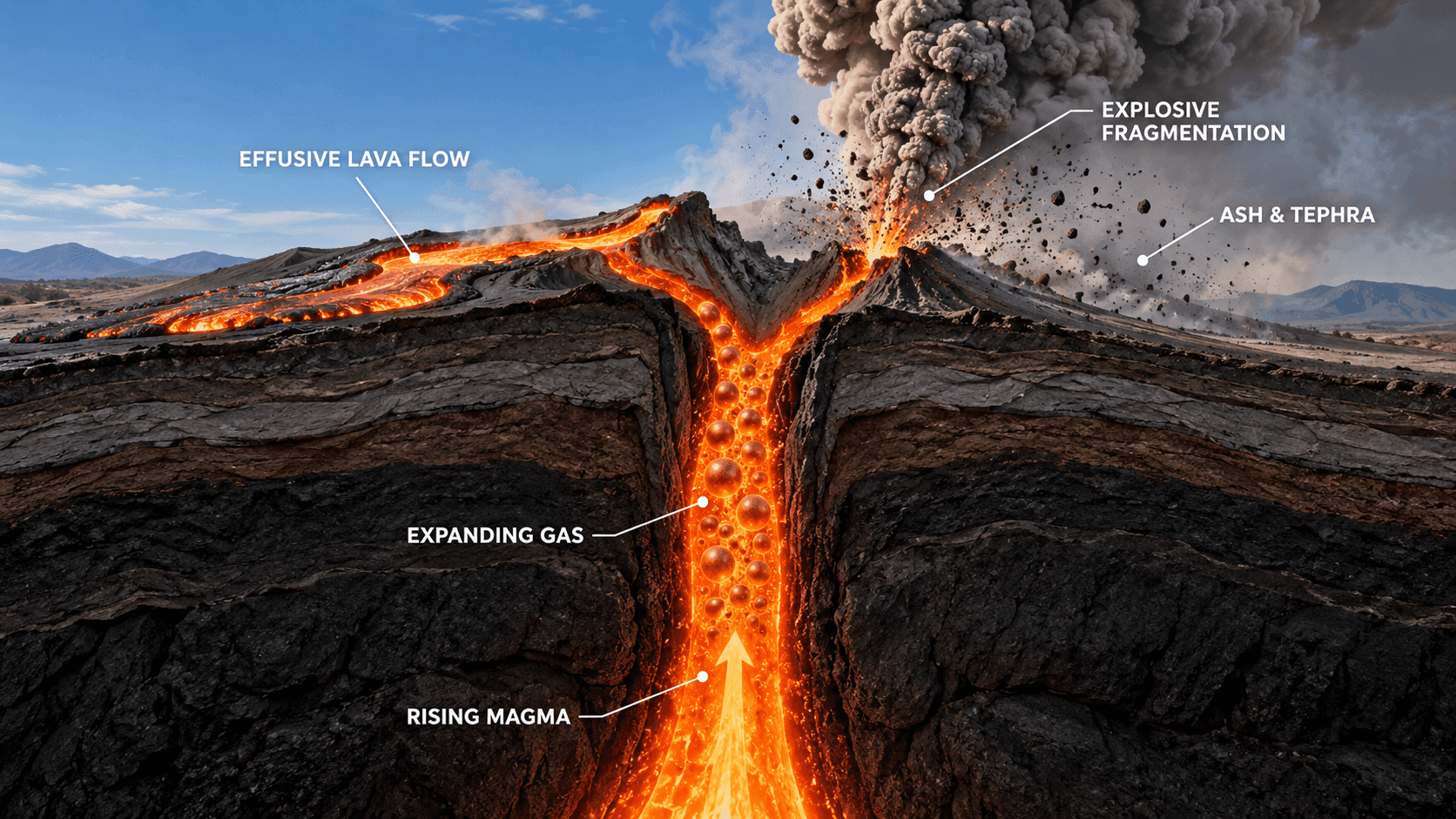 How an eruption works: rising magma, expanding gas, lava effusion and explosive fragmentation
