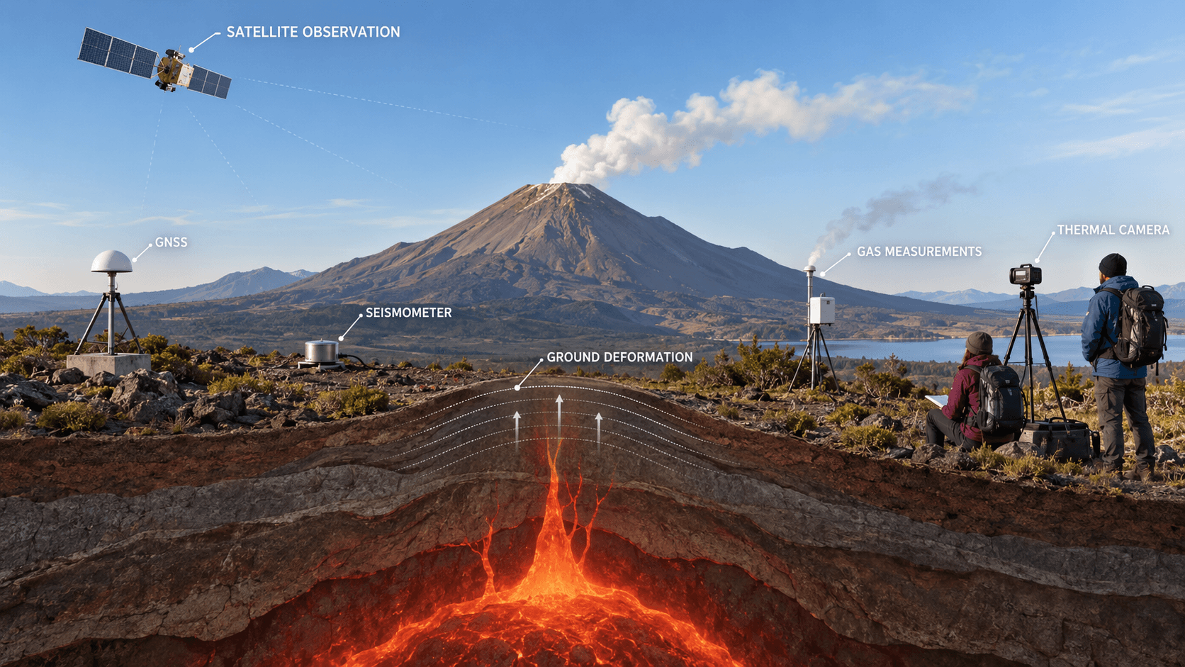 Volcano monitoring using seismometers, GNSS, gas measurements, satellites and thermal cameras
