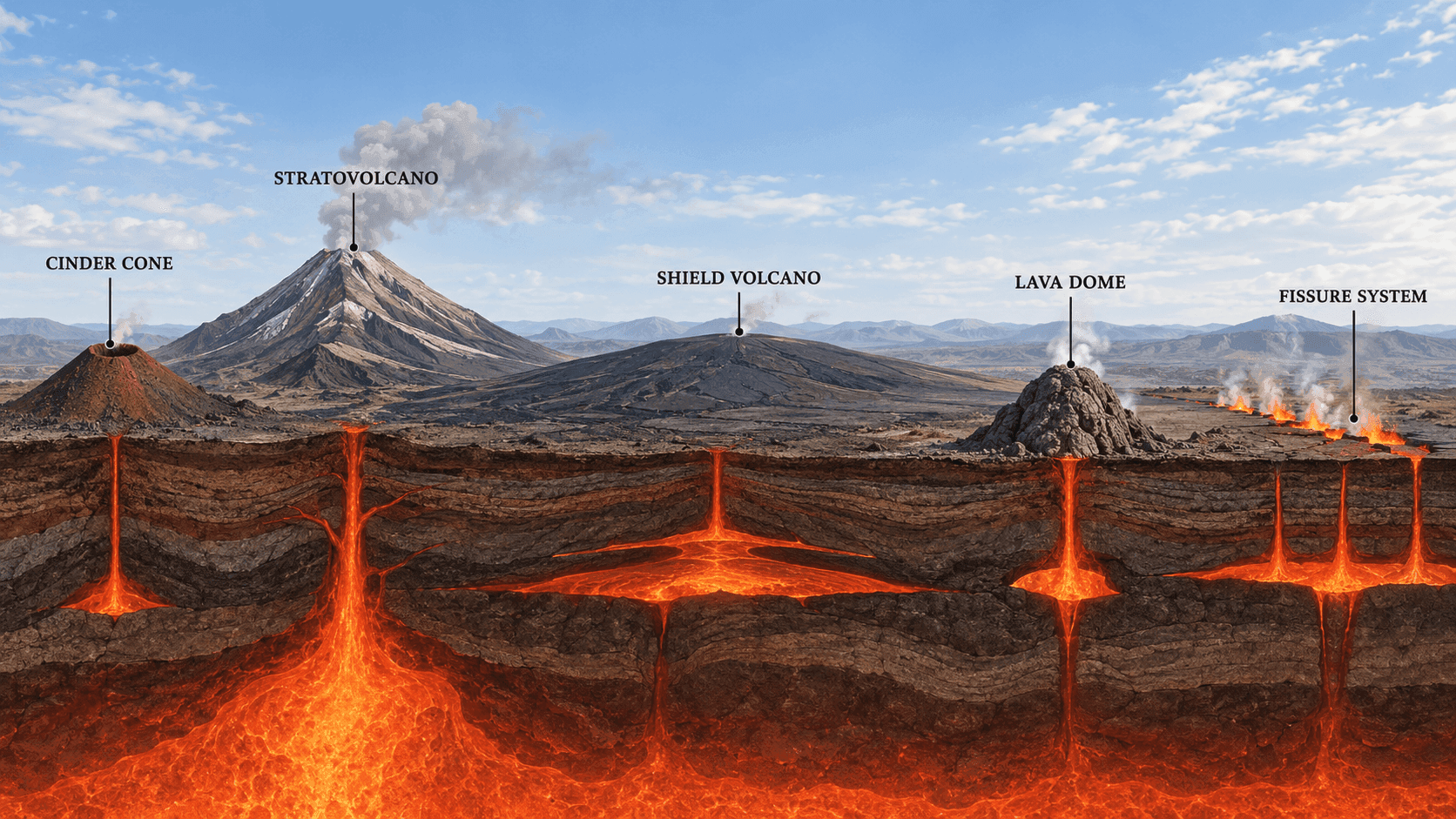 Comparison of cinder cone, stratovolcano, shield volcano, lava dome and fissure system